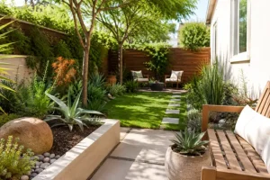 Landscape solutions by Hawkins Landscaping featuring a small backyard with a stone pathway, lush plants, seating area, and space-saving landscape design.