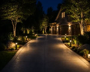 Landscaping ideas by Hawkins Landscaping featuring elegant driveway lighting, illuminated trees, and landscape lights that enhance curb appeal and nighttime safety.