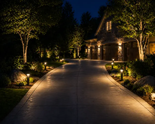 Landscaping ideas by Hawkins Landscaping featuring elegant driveway lighting, illuminated trees, and landscape lights that enhance curb appeal and nighttime safety.