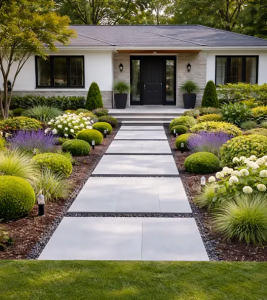 Landscaping ideas by Hawkins Landscaping featuring a modern front yard with geometric walkways, manicured shrubs, ornamental grasses, and neatly designed garden beds.
