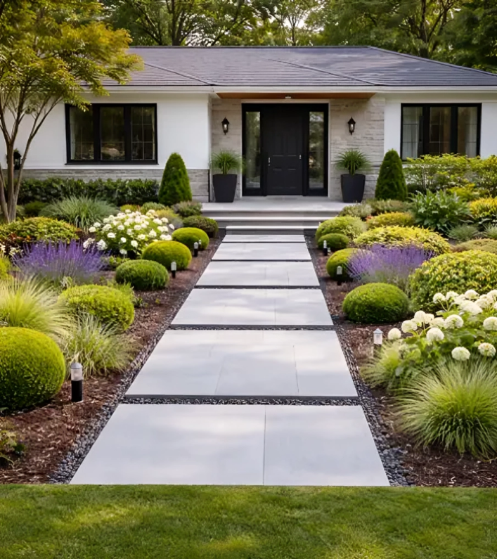 Landscaping ideas by Hawkins Landscaping featuring a modern front yard with geometric walkways, manicured shrubs, ornamental grasses, and neatly designed garden beds.