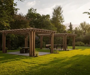Pergolas and gazebos designed by Hawkins Landscaping, featuring elegant wooden pergola structures that create shaded outdoor living and dining areas within a beautifully landscaped backyard.
