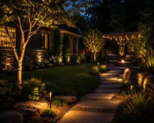 Walkway lighting by Hawkins Landscaping featuring illuminated stone pathways, landscape lights, and a cozy backyard outdoor living area at night.