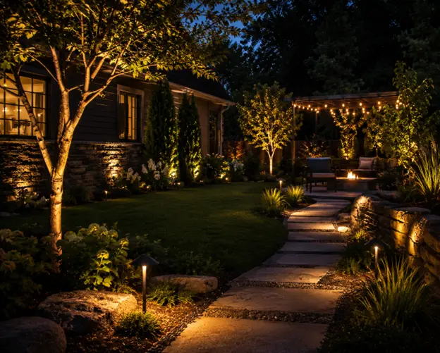 Walkway lighting by Hawkins Landscaping featuring illuminated stone pathways, landscape lights, and a cozy backyard outdoor living area at night.