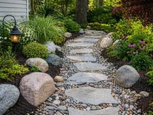 Walkways with rocks by Hawkins Landscaping featuring a natural stone pathway with river rocks, boulders, and lush plants in a landscaped garden.