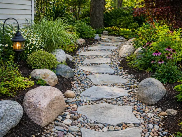 Walkways with rocks by Hawkins Landscaping featuring a natural stone pathway with river rocks, boulders, and lush plants in a landscaped garden.