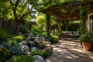 Landscape ideas by Hawkins Landscaping featuring a natural stone patio, wooden pergola, cascading water feature, lush greenery, and colorful plants for a peaceful backyard retreat.