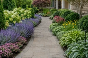 Walkway border plants by Hawkins Landscaping featuring colorful flowering perennials, lush shrubs, and a curved paver walkway that enhances curb appeal and creates a welcoming front entrance.