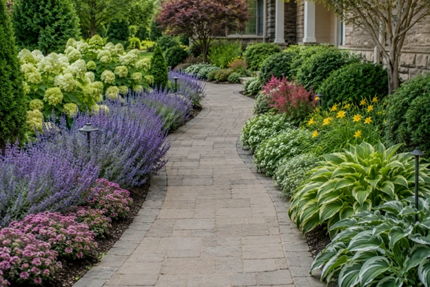 Walkway border plants by Hawkins Landscaping featuring colorful flowering perennials, lush shrubs, and a curved paver walkway that enhances curb appeal and creates a welcoming front entrance.