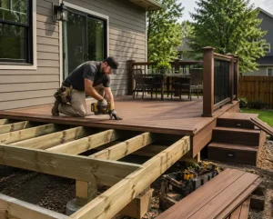 Deck builder from Hawkins Landscaping installing composite decking on a custom backyard deck with a sturdy wood frame, railings, and steps for a durable outdoor living space.