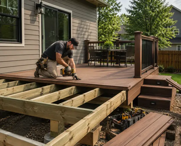 Deck builder from Hawkins Landscaping installing composite decking on a custom backyard deck with a sturdy wood frame, railings, and steps for a durable outdoor living space.