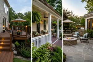 Deck vs porch vs patio comparison by Hawkins Landscaping showcasing a wood deck, covered front porch, and stone patio with a fire pit to highlight different outdoor living space designs and uses.