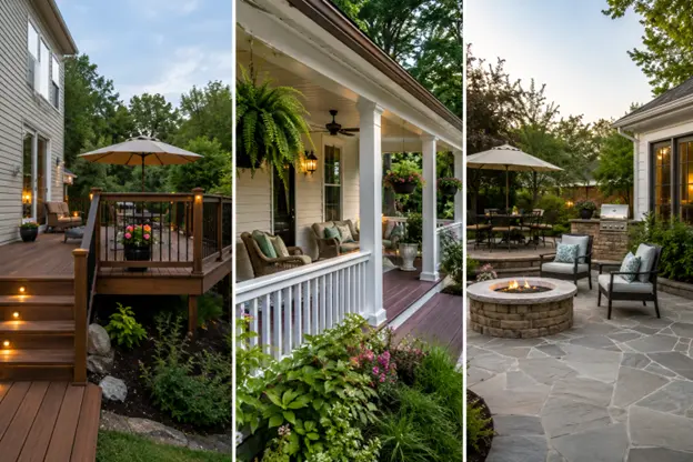 Deck vs porch vs patio comparison by Hawkins Landscaping showcasing a wood deck, covered front porch, and stone patio with a fire pit to highlight different outdoor living space designs and uses.