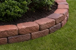 Landscaping bricks by Hawkins Landscaping forming a curved garden border that neatly separates a mulched planting bed with shrubs from a healthy green lawn for a clean, finished landscape design.
