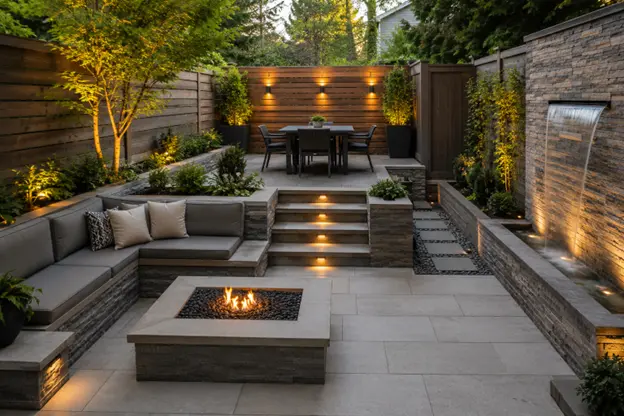 Hardscapes construction by Hawkins Landscaping featuring a modern backyard patio with a built-in fire pit, retaining walls, outdoor lighting, seating, and a water feature.
