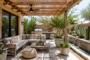 Patio ideas by Hawkins Landscaping featuring a covered outdoor patio with a wooden pergola, comfortable seating, outdoor kitchen, water feature, and drought-tolerant landscaping for year-round enjoyment.