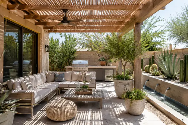 Patio ideas by Hawkins Landscaping featuring a covered outdoor patio with a wooden pergola, comfortable seating, outdoor kitchen, water feature, and drought-tolerant landscaping for year-round enjoyment.