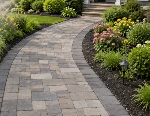 Paving walkways by Hawkins Landscaping featuring a curved paver walkway with landscape lighting, colorful flower beds, fresh mulch, and neatly manicured shrubs leading to a front entrance.