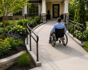 Walkways for wheelchairs by Hawkins Landscaping featuring a smooth, accessible concrete pathway with handrails leading to a home's front entrance through professionally landscaped gardens.