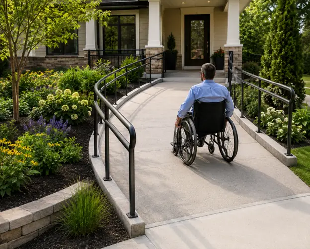 Walkways for wheelchairs by Hawkins Landscaping featuring a smooth, accessible concrete pathway with handrails leading to a home's front entrance through professionally landscaped gardens.