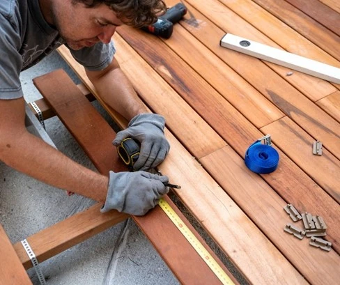 Deck installation by Hawkins Landscaping featuring a contractor measuring and installing premium wood decking boards with precision tools for a durable outdoor living space.