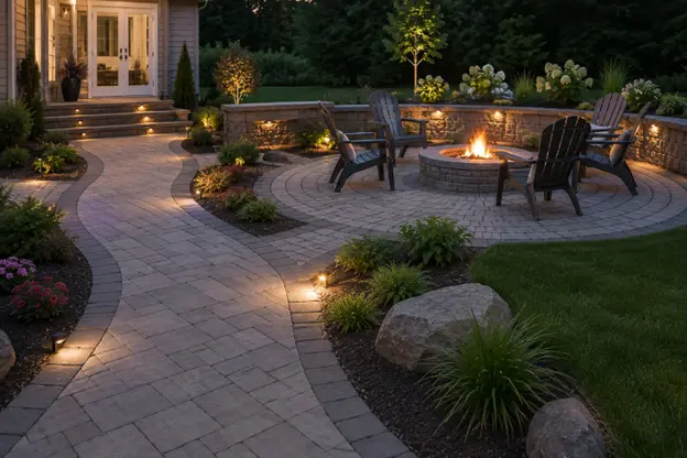 Walkways for wheelchairs by Hawkins Landscaping featuring a wide, gently curved paver walkway with low-voltage lighting leading to an accessible backyard patio and fire pit.