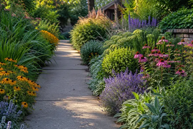 Walkway border plants by Hawkins Landscaping featuring colorful flowers, ornamental grasses, shrubs, and lush greenery lining a concrete garden path.