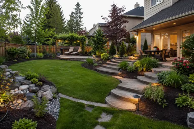 Landscape ideas by Hawkins Landscaping featuring a lush backyard lawn, curved stone steps, layered garden beds, outdoor seating, and natural rock landscaping for a welcoming outdoor space.
