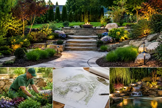 Landscape design by Hawkins Landscaping showcasing a custom outdoor plan with stone walkways, layered plantings, landscape lighting, water features, and expert installation for a beautiful backyard transformation.