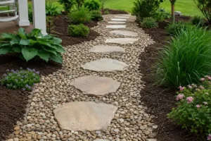 Beautiful walkway with stepping stones set in river rock and surrounded by lush landscaping, ornamental grasses, and flowers by Hawkins Landscaping.