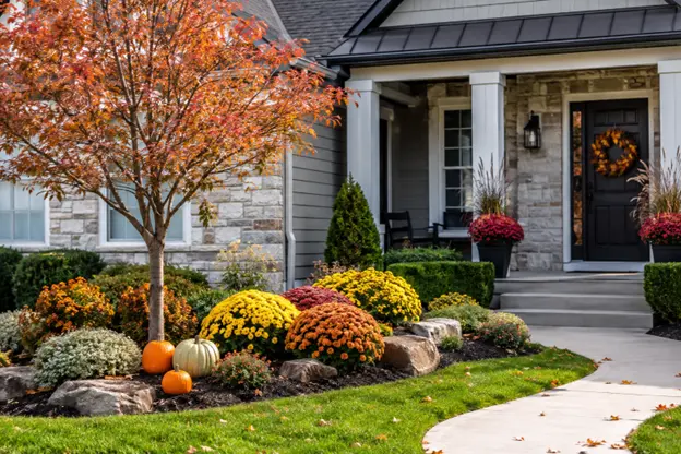Fall mums, pumpkins, ornamental shrubs, and a curved front walkway create a warm seasonal look, showcasing landscape ideas by Hawkins Landscaping for inviting curb appeal.