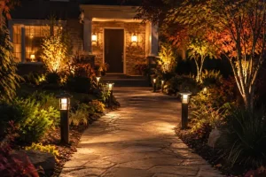 A warmly lit stone path surrounded by trees, shrubs, and garden beds showcases walkway lighting by Hawkins Landscaping for a safer and more inviting home entrance.
