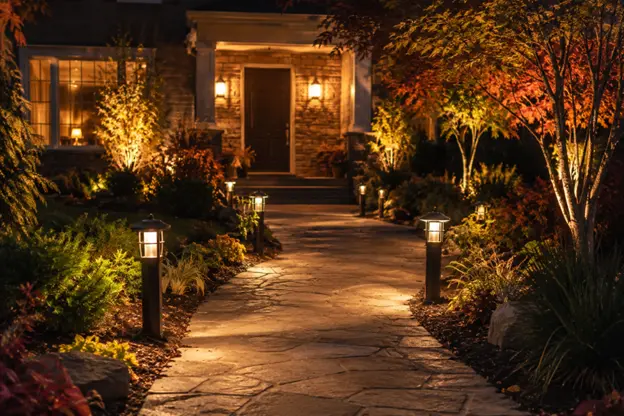 A warmly lit stone path surrounded by trees, shrubs, and garden beds showcases walkway lighting by Hawkins Landscaping for a safer and more inviting home entrance.