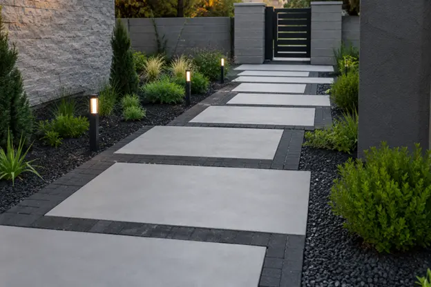 Walkway designs by Hawkins Landscaping featuring large modern pavers, dark stone borders, landscape lighting, and minimalist plantings leading to a backyard gate.