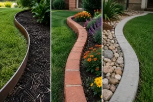 Metal vs brick vs concrete landscape edging by Hawkins Landscaping, showing three edging options separating lawns from mulch and colorful planted garden beds.