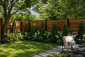 Landscape fence by Hawkins Landscaping featuring a wood privacy fence surrounded by evergreen trees, flowering shrubs, and a landscaped backyard seating area.
