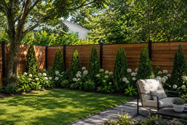 Landscape fence by Hawkins Landscaping featuring a wood privacy fence surrounded by evergreen trees, flowering shrubs, and a landscaped backyard seating area.