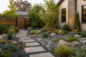 Landscape without lawn by Hawkins Landscaping featuring a gravel garden, natural stone, stepping-stone walkway, ornamental grasses, shrubs, and drought-tolerant plants around a home.