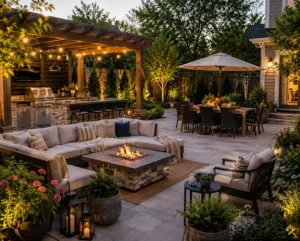 Patio with fire pit by Hawkins Landscaping featuring a spacious paver patio with a modern fire pit, outdoor kitchen, dining area, pergola, and landscape lighting for comfortable outdoor entertaining.