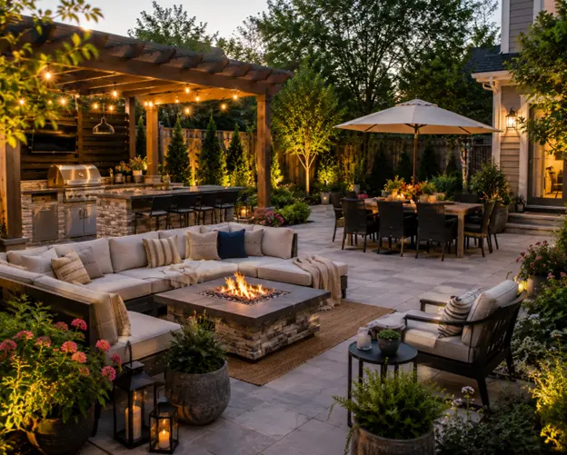 Patio with fire pit by Hawkins Landscaping featuring a spacious paver patio with a modern fire pit, outdoor kitchen, dining area, pergola, and landscape lighting for comfortable outdoor entertaining.