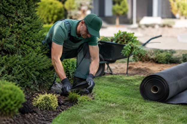 Landscape architect by Hawkins Landscaping installing landscape fabric around a lawn and garden bed as part of a professional landscape project.