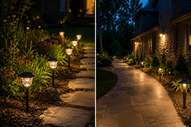 Walkway lights by Hawkins Landscaping illuminating garden paths with a combination of solar and wired lighting, enhancing safety, curb appeal, and nighttime outdoor beauty.