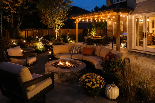 A cozy backyard patio with a fire pit, comfortable seating, pergola, warm lighting, and fall plants showcases inviting patio ideas by Hawkins Landscaping for seasonal outdoor living.