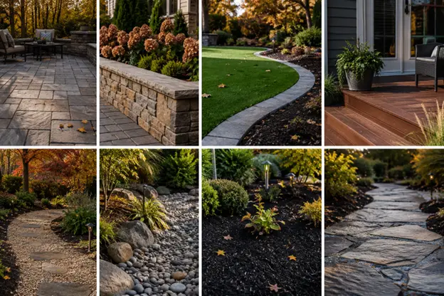 A collection of patios, retaining walls, walkways, decks, gravel beds, and landscaped areas showcases durable landscape materials by Hawkins Landscaping for attractive outdoor spaces.