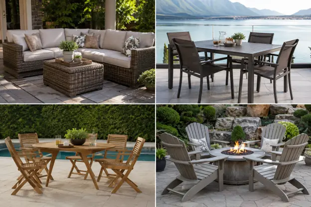 A collection of durable outdoor seating and dining sets showcases patio furniture options by Hawkins Landscaping for comfortable and stylish outdoor living.
