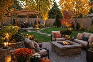 A cozy backyard with autumn foliage, a paver patio, pergola, fire pit, and layered plantings showcases natural landscape ideas by Hawkins Landscaping for seasonal outdoor living.