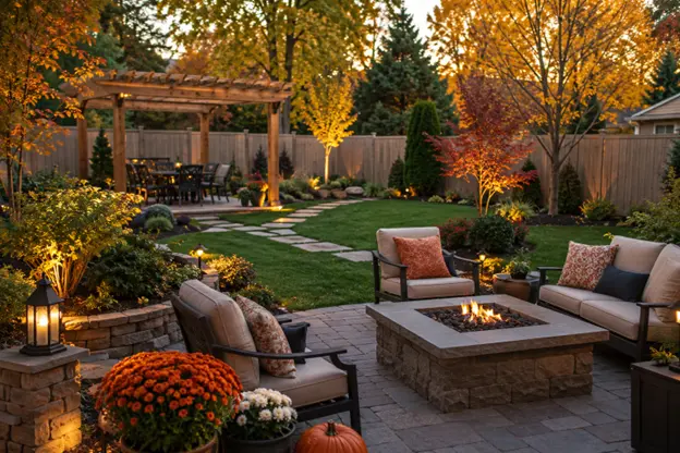 A cozy backyard with autumn foliage, a paver patio, pergola, fire pit, and layered plantings showcases natural landscape ideas by Hawkins Landscaping for seasonal outdoor living.