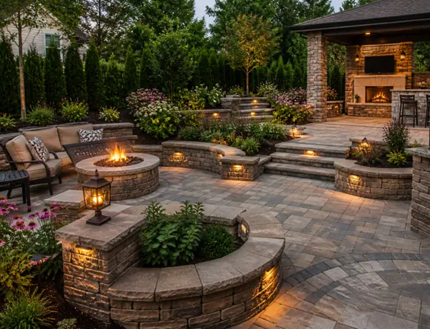 A custom paver patio with retaining walls, stone steps, fire features, built-in seating, and landscape lighting showcases hardscapes and masonry by Hawkins Landscaping.