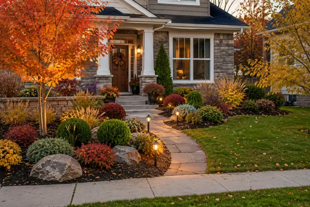 A welcoming front yard with colorful fall plants, ornamental grasses, stone accents, and pathway lighting showcases thoughtful landscape design by Hawkins Landscaping.