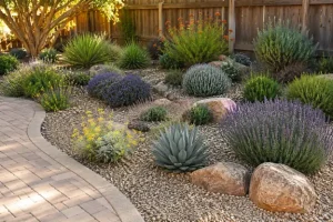 A low-water landscape garden by Hawkins Landscaping featuring drought-tolerant plants, ornamental grasses, decorative rocks, and a curved paver walkway.